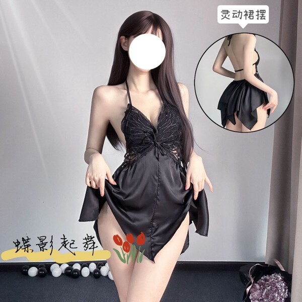 Vintage bow lace sleep dress with built-in pads, deep v-neck, backless design, elegant satin nightgown for women
