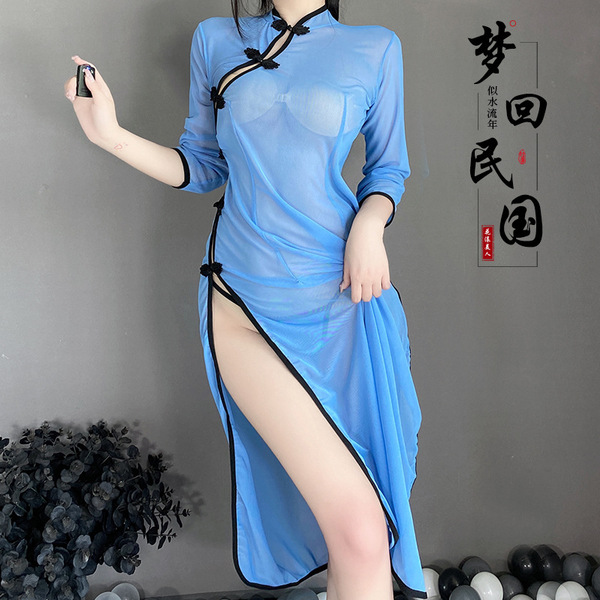 Vintage chinese-inspired sheer side-slit lingerie dress featuring hanfu-style design, perfect blend of traditional elegance a...