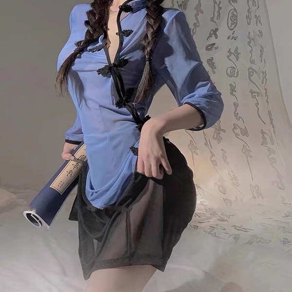 Vintage-inspired cheongsam sleepwear set featuring lace trim and sexy split hem design, perfect for women seeking elegance an...