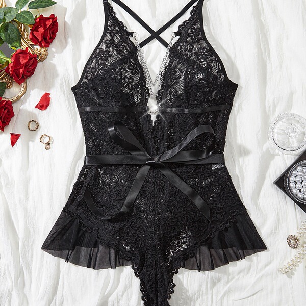 Womens full lace bodysuit - sheer sexy lingerie for women, elegant with deep v-neckline and bow detail