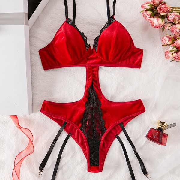Womens full lace sheer bodysuit featuring elegant red fabric with black lace detailing, perfect for intimate wear.