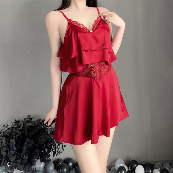 Woman modeling red sheer chiffon lingerie set with ruffled cami top, lace trim, and adjustable straps for sweet sleepwear sty...