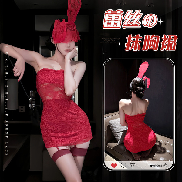 Sexy red lace mini dress with bunny ears, perfect bodycon party outfit for women.