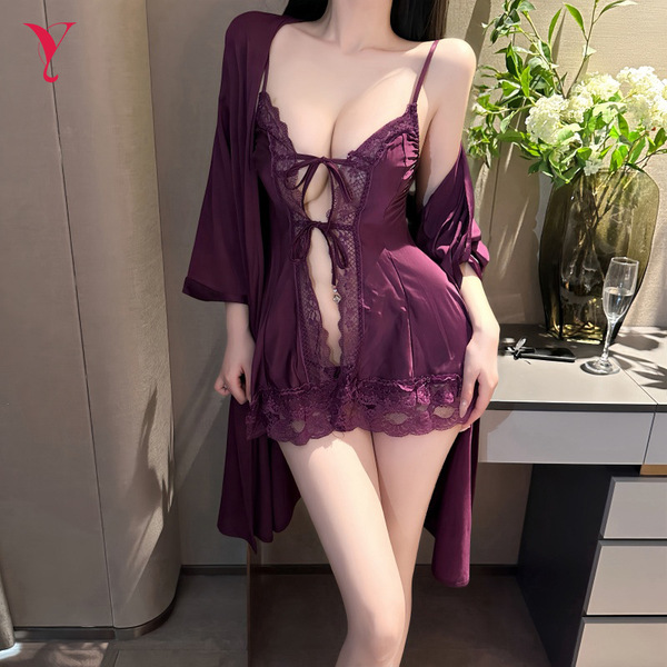 Sexy yese lace trim hollow-out cami sleep dress with matching robe - elegant lingerie set for women