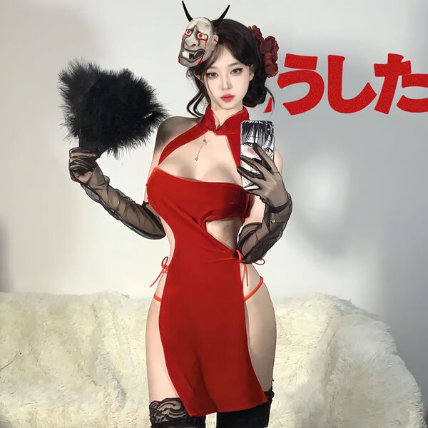 Vintage red cheongsam sleepwear featuring high slit and sensual design, perfect for festive celebrations.