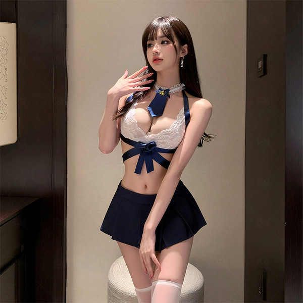 Zimei sexy nightwear set featuring a cute student-style mini pleated skirt paired with a lace top, perfect for small busts.