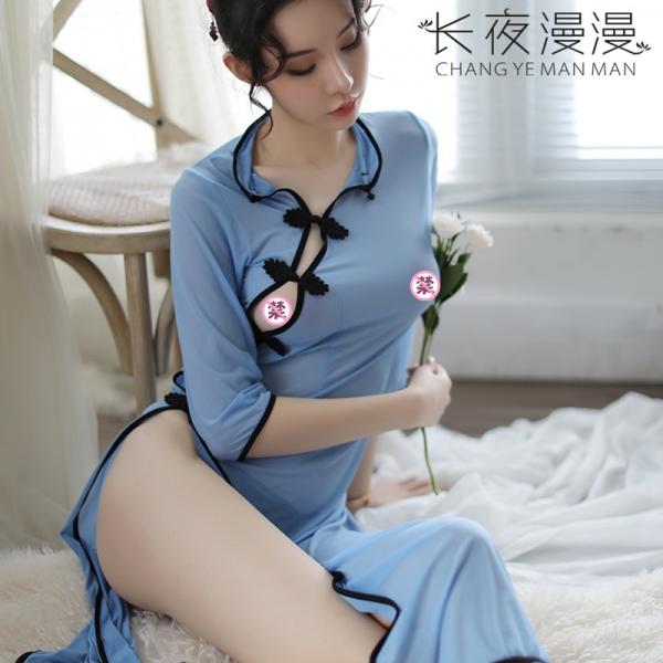 Vintage-inspired sheer nightgown with side slit, featuring chinese retro design elements and delicate embroidery details.