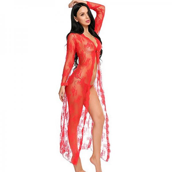 Elegant lace sheer long sleep dress for women, featuring sexy european style design, perfect for wholesale.
