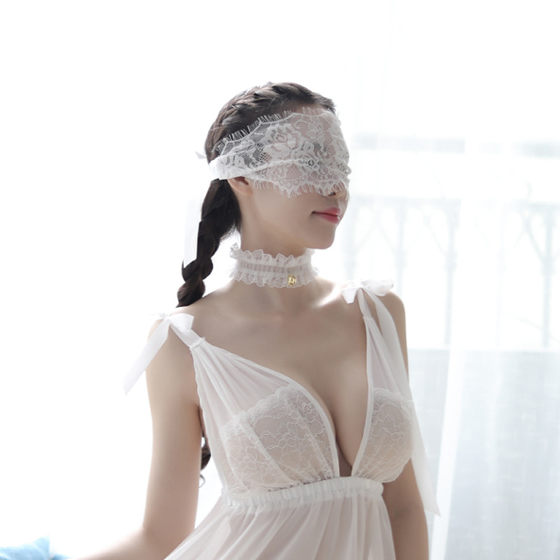 Elegant white lace eye mask with delicate design, perfect for adult sleepwear or roleplay accessories.