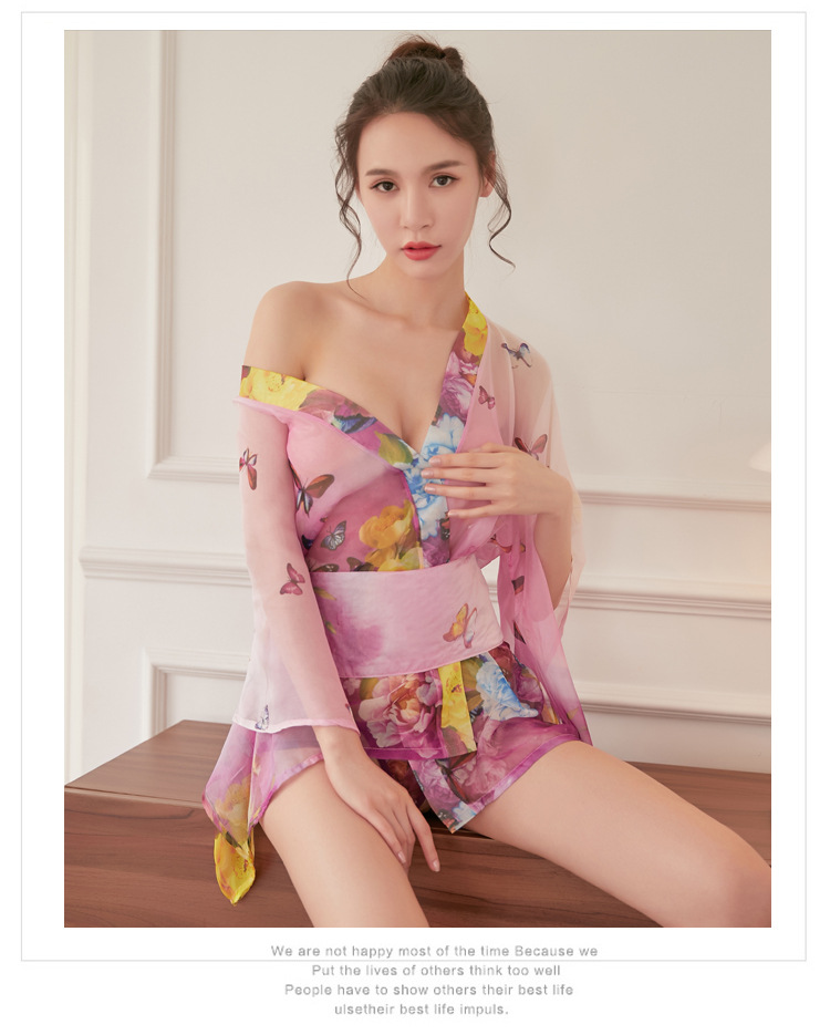 Sexy butterfly print sheer chiffon japanese kimono lingerie set - elegant bathrobe outfit for women
