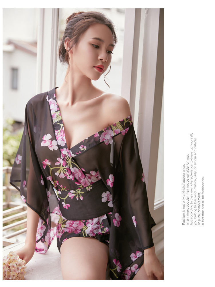 Butterfly Print Sheer Chiffon Japanese Kimono Lingerie Set - Sexy Bathrobe Outfit for Women - Image 8
