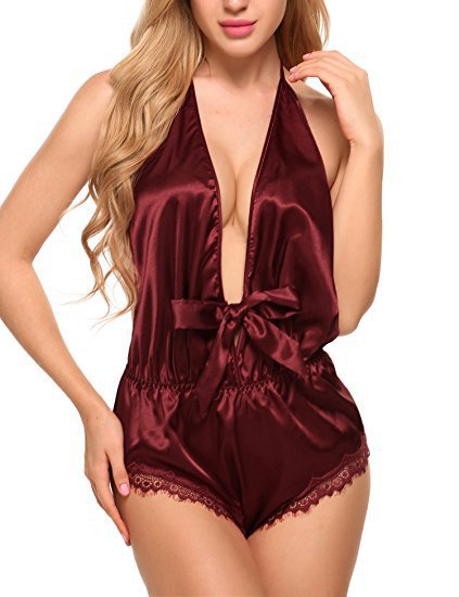 Sexy burgundy satin bodysuit with deep v-neckline and lace trim, perfect for comfort and elegance.
