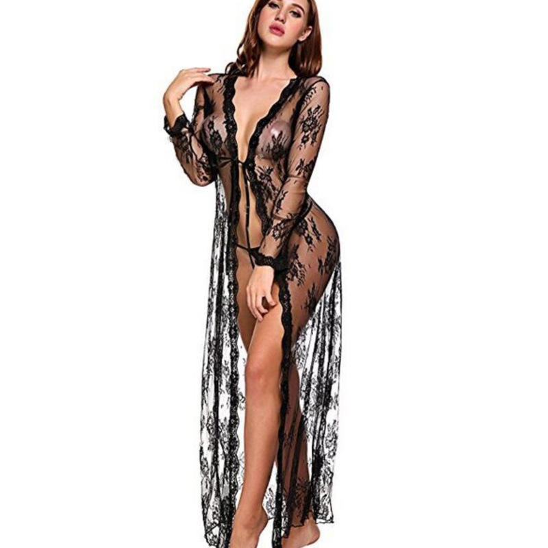Elegant lace sheer long sleep dress for women, featuring sexy european-style design with intricate patterns and long sleeves,...