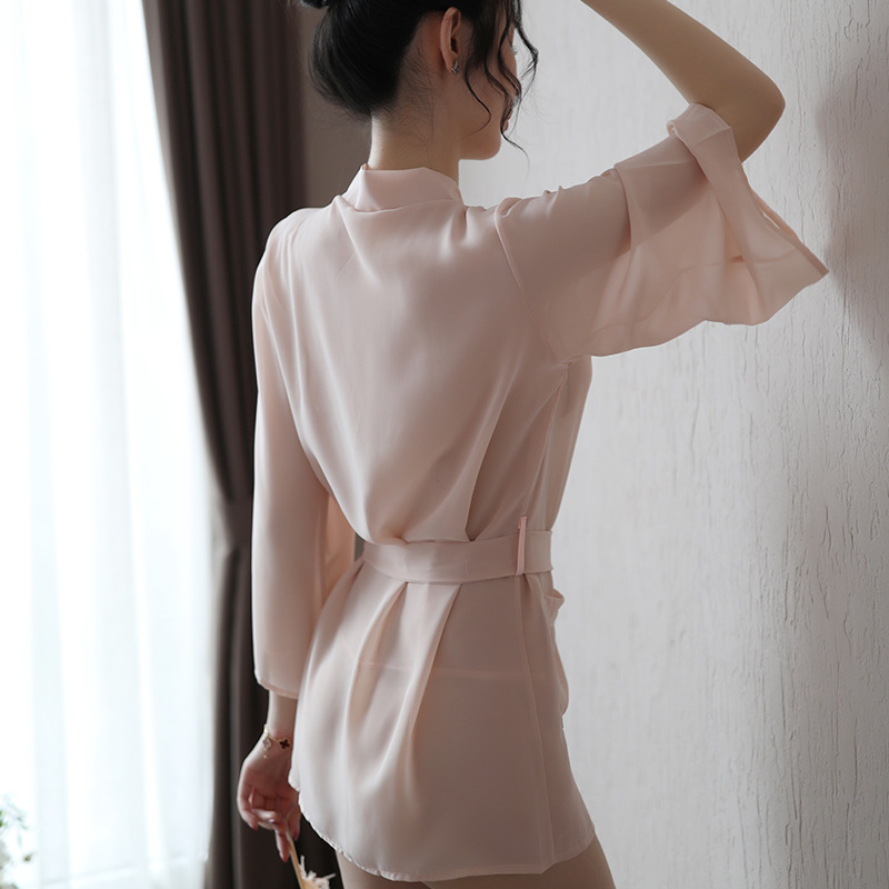 Elegant sheer lace robe with oversize sleeves, delicate trim, perfect for women seeking a sensual sleep gown set.