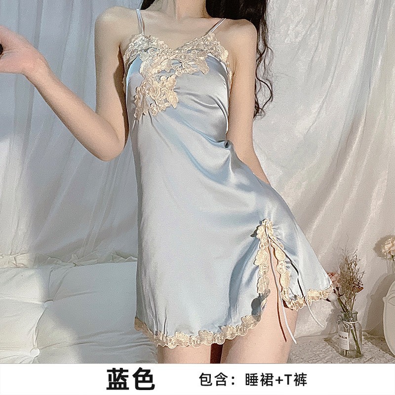 Sexy lace slip nightgown featuring flirty ice silk design, perfect pure and tempting womens lingerie dress.
