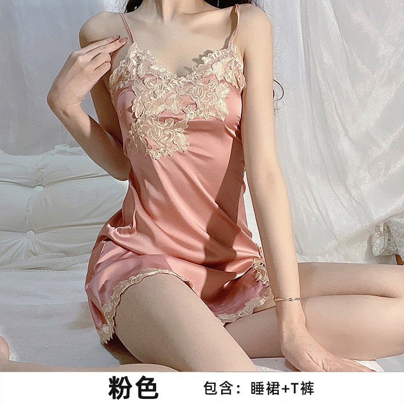 Sexy lace slip nightgown featuring flirty ice silk design, perfect pure and tempting womens lingerie dress.