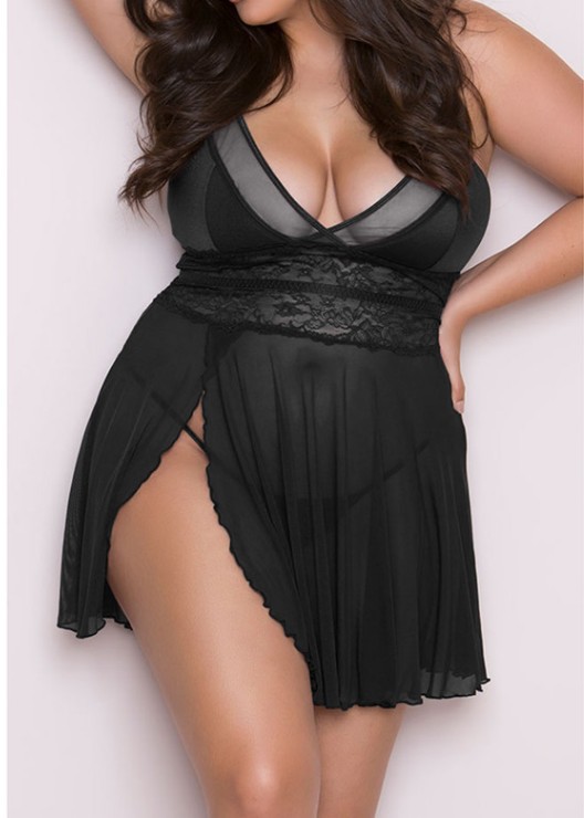 Sexy plus size mesh dress with deep v-neckline and high-slit design
