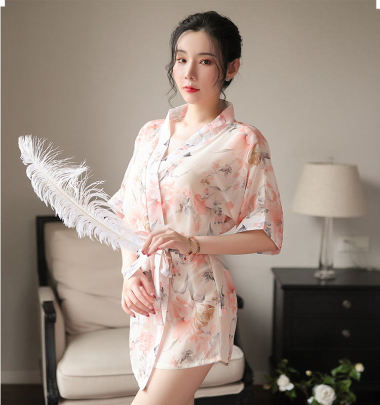 Womens sexy lace-trimmed uniform-style silk-look sleepwear set with floral print robe, featuring elegant floral design and de...