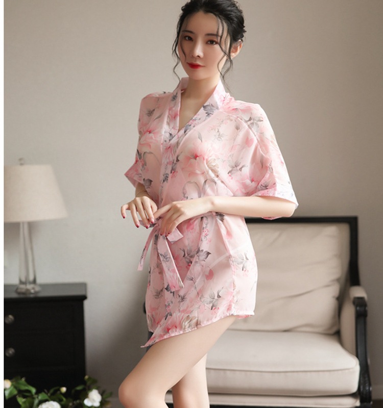 Womens sexy lace-trimmed uniform-style silk-look sleepwear set with floral print robe, featuring elegant design and soft fabr...