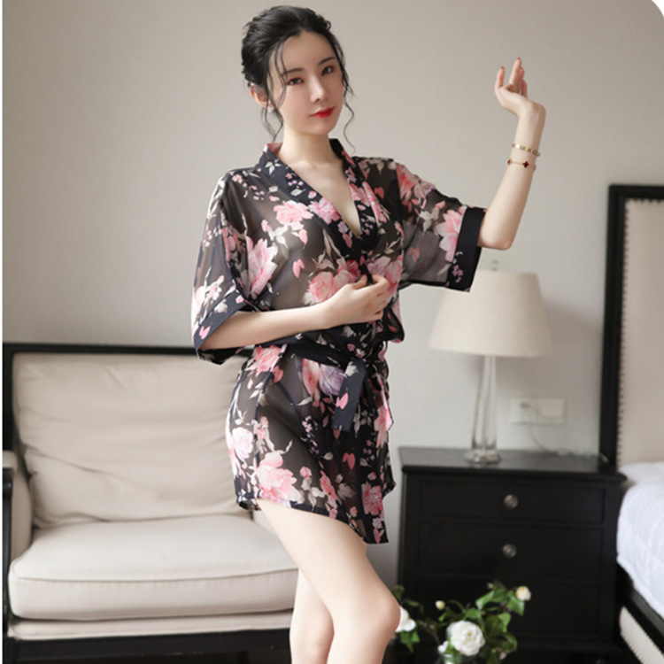 Womens sexy lace-trimmed uniform-style silk-look sleepwear set with floral print robe, elegant design for comfortable loungin...