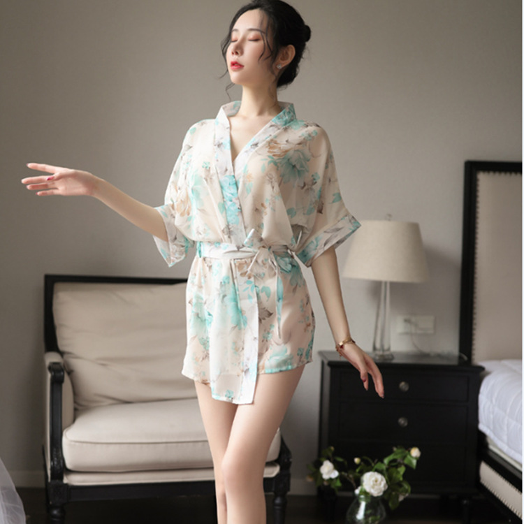 Womens sexy lace-trimmed uniform-style silk-look sleepwear set with floral print robe, elegant design for comfortable loungin...