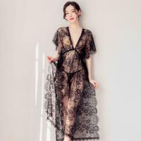 Black Lace Sleep Dress with Sheer Mesh & High Slit – Sexy Long Nightgown for Women, Elegant Bridal Lingerie thumbnail