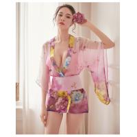 Butterfly Print Sheer Chiffon Japanese Kimono Lingerie Set - Sexy Bathrobe Outfit for Women thumbnail