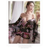 Butterfly Print Sheer Chiffon Japanese Kimono Lingerie Set - Sexy Bathrobe Outfit for Women thumbnail
