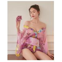 Butterfly Print Sheer Chiffon Japanese Kimono Lingerie Set - Sexy Bathrobe Outfit for Women thumbnail