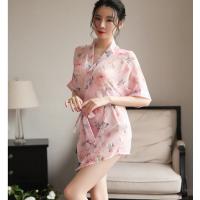 Women's Sexy Lace-Trimmed Uniform-Style Silk-Look Sleepwear Set with Floral Print Robe thumbnail