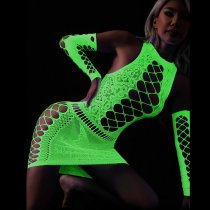 Blue Light Glow Mesh Tights - Fluorescent Nightclub Bodysuit for Sensual Party Wear & Night Out Style