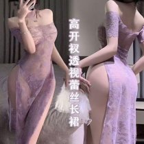 Purple Lace Cheongsam Dress - Sexy Off-Shoulder High-Slit Sheer Long Gown with Butt-Cutout, Pure-Yet-Sensual Outfit