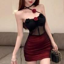Sexy Lace Sleepwear Set - Rose-Embellished Cheongsam-Inspired Mesh Nightgown & Skirt Outfit for Women