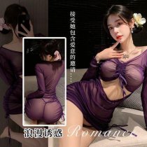 Purple Sheer Lace Sexy Lingerie Set for Women - Seductive Nurse Costume Sleepwear with Ruched Mini Dress & Drawstring Wa