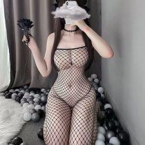 Cherry Romance Sheer Mesh Bodysuit for Women - Open-Crotch Transparent Lingerie with Wrapped Bust & Full-Body Net Stocki