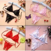 Qingran Lace Thong Bra Set - Sheer Open-Crotch Erotic Lingerie Two-Piece Outfit for Women