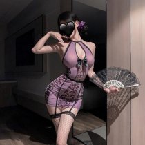 Sexy Vintage Lace Cheongsam Lingerie Set - Sheer See-Through Sleepwear & Retro Erotic Nightgown Outfit