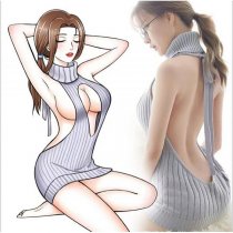 Romantic Sheer Lace Lingerie Set - Open-Front Backless Knit Sweater & Mini Skirt Sleepwear Outfit