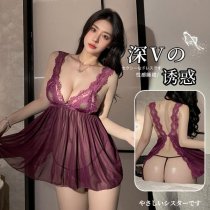 Pure & Tempting Women's Deep V Lace Sleep Dress - Sheer Mesh Sensual Nightgown with High Slit