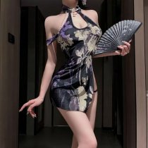Seductive Lace Cheongsam Lingerie - High-Slit Backless Halter Pure-Temptation Outfit