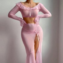 European Fashion Sheer Mesh Lotus Off-Shoulder Long Sleeve Split Bodycon Lingerie Set