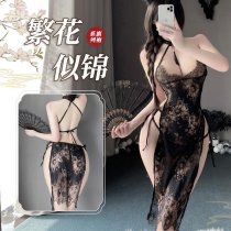 Sexy Ancient Chinese Style Lingerie Set – Sheer Lace Bodice & Slit Sleepwear for Women, Tempting Qipao-Inspired Nightwea