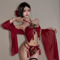 Classical Chinese Doudou Lingerie Set - Embroidered Lace Bodice with Tassels & Sheer Mesh Wrap