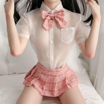 British Plaid Lingerie Dress - Sexy Schoolgirl Style Sheer Blouse with Bow Tie & Pleated Skirt