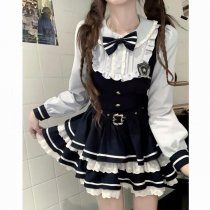 Sweet Lace Doll Collar Bow Dress for Women – American Preppy Style Spring Fall A-Line Waist-Cinching Mini Dress
