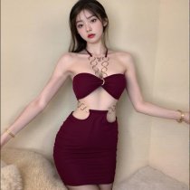 New Women's Sexy Lace Bralette with Metal Rings - Backless Halter Crop Top & Ultra-Slim Pencil Skirt Set