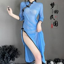 Vintage Chinese-Inspired Sheer Side-Slit Lingerie Dress – Hanfu-Style Erotic Sleep Gown & Modern Qipao Costume