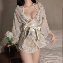 Japanese-Style Sexy Lace Kimono Robe Set - Sheer Chiffon Three-Piece Outfit with Floral Print & Hot Uniform Design