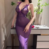 Purple V-Neck Sheer Lace Nightgown - Seductive Bird Moon-Themed Lingerie Set for Date Night & Sleep