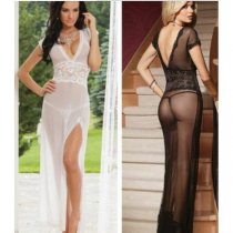 European-Style Sheer Lingerie Set – Sexy Transparent Mesh Sleep Dress in White, Medium Size